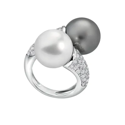 Bague TOI & MOI Perles Blanche et Tahiti Pavée diamants