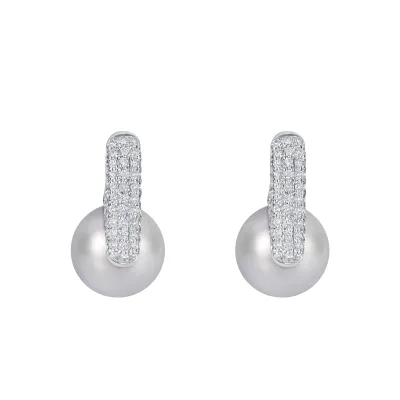 Boucles d’Oreilles Perles Blanches South Sea pavées Brillants - Fermoirs poussoirs