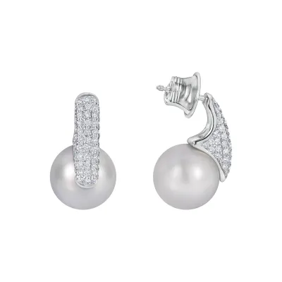 Boucles d’Oreilles Perles Blanches South Sea pavées Brillants - Fermoirs poussoirs