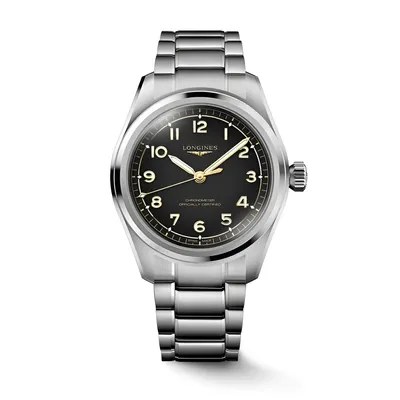 Montre LONGINES SPIRIT PILOT, Bracelet acier, Cadran noir mat chiffres arabes appliqués et aiguilles dorées