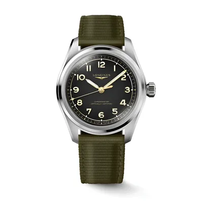 Montre LONGINES SPIRIT PILOT, Bracelet caoutchouc vert interchangeable, Boucle ardillon, Cadran noir mat chiffres arabes appliqués et aiguilles dorées