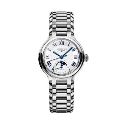 Montre Longines PrimaLuna, bracelet acier, cadran argenté chiffres romains