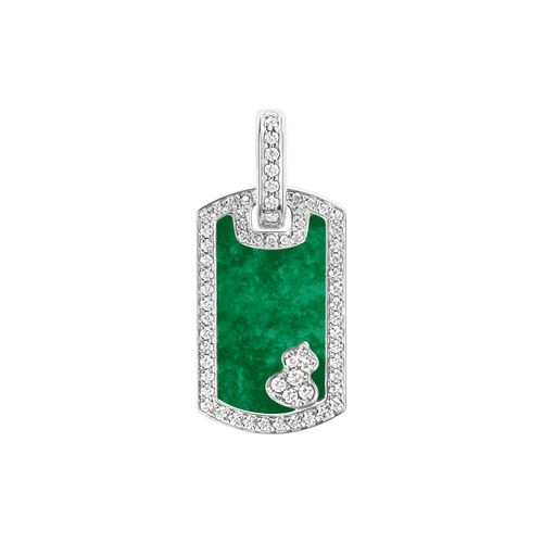 Petit pendentif Qeelin Wulu Tag en or blanc avec diamants et jade