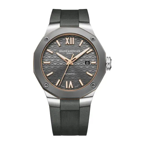 Montre RIVIERA Automatique 42mm Bracelet caoutchouc gris, Boucle déployante, Cadran ardoise décor vagues - BAUME & MERCIER