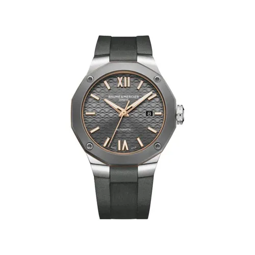 Montre RIVIERA Automatique 42mm Bracelet caoutchouc gris, Boucle déployante, Cadran ardoise décor vagues - BAUME & MERCIER
