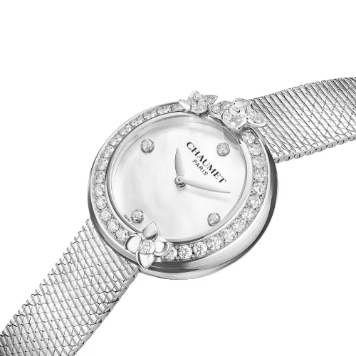 Montre HORTENSIA lunette sertie diamants Bracelet acier, Cadran Nacre blanche - CHAUMET