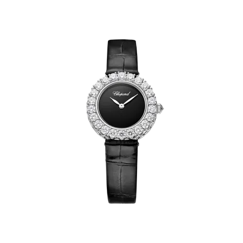 Montre L'HEURE DU DIAMANT lunette sertie diamants Mécanique, Bracelet alligator vernis noir, Boucle ardillon en or blanc sertie diamants, Cadran Onyx - CHOPARD