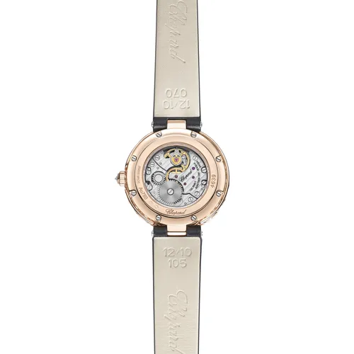 Montre L'HEURE DU DIAMANT lunette sertie diamants Mécanique, Bracelet satin blanc, Boucle ardillon en or rose sertie diamants, Cadran nacre perlée 12 diamants - CHOPARD