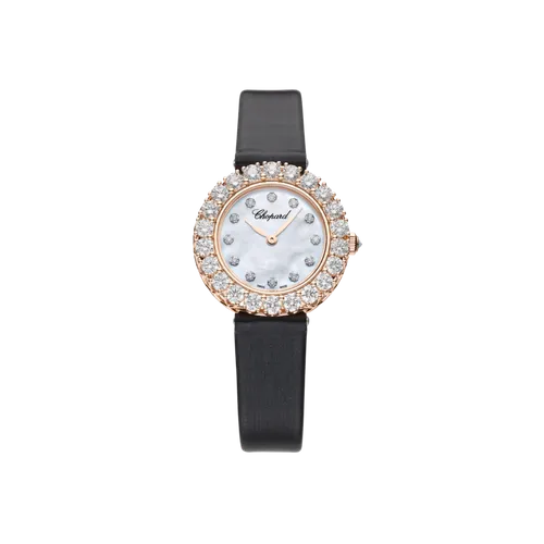 Montre L'HEURE DU DIAMANT lunette sertie diamants Mécanique, Bracelet satin blanc, Boucle ardillon en or rose sertie diamants, Cadran nacre perlée 12 diamants - CHOPARD
