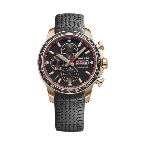 Montre MILLE MIGLIA GTS CHRONO Bracelet caoutchouc pneu, Boucle déployante or rose/acier, Cadran noir - CHOPARD