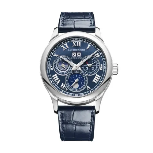 Montre L.U.C. LUNAR ONE limitée N°24/100 Bracelet alligator bleu doublure alligator brun, Boucle déployante platine et or blanc, Cadran bleu romains - CHOPARD