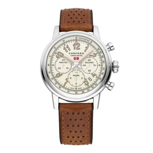 Montre MILLE MIGLIA CHRONOGRAPH RATICOSA Bracelet veau perforé brun doublé caoutchouc pneu Dunlop, Boucle ardillon, Cadran beige chiffres arabes, Edition limitée 500 exemplaires - CHOPARD