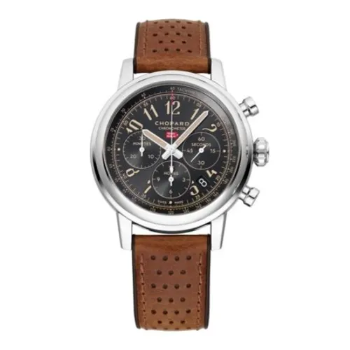Montre MILLE MIGLIA CHRONOGRAPH RATICOSA Bracelet veau marron perforé doublé caoutchouc pneu Dunlop, Boucle ardillon, Cadran noir, Edition Limitée 500 ex - CHOPARD
