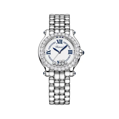 Montre HAPPY SPORT The First lunette sertie diamants Quartz, Bracelet "galet" acier, Cadran argenté grainé chiffres romains - CHOPARD