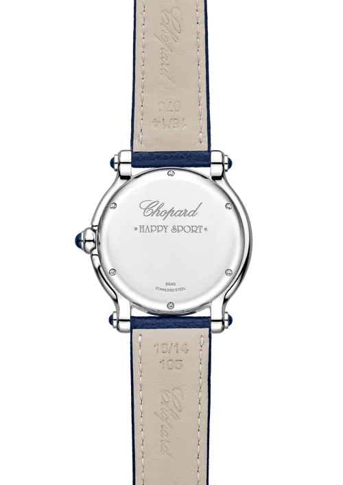 Montre HAPPY SPORT The First Quartz, Bracelet veau grainé bleu, Boucle ardillon, Cadran argenté grainé chiffres romains - CHOPARD