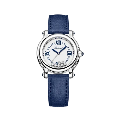 Montre HAPPY SPORT The First Quartz, Bracelet veau grainé bleu, Boucle ardillon, Cadran argenté grainé chiffres romains - CHOPARD