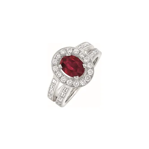 Bague solitaire Rubis sertie de diamants tailles baguette et brillant en or blanc palladié - CREATIONS JULIAN