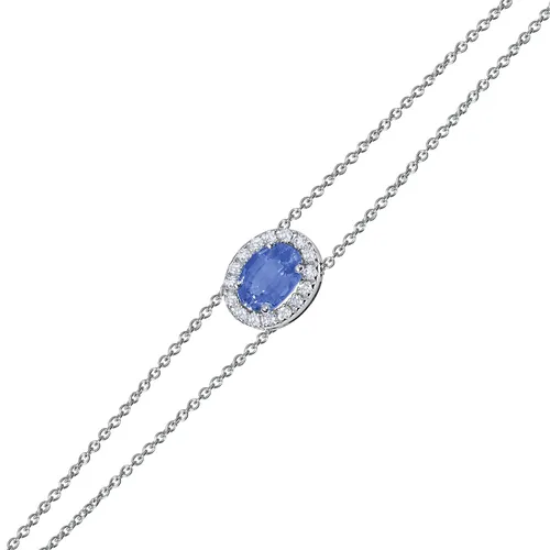 Bracelet Saphir Bleu ovale entourage serti diamants Chaîne double 14-15-16 cm - CREATIONS JULIAN