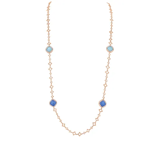 Collier Sautoir Multiflat Saphirs et Turquoises pavé Diamants - CREATIONS JULIAN