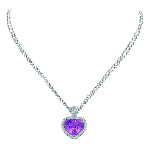 Pendentif cœur taille brillant en or blanc, orné de tourmaline mauve et de diamants. - CREATIONS JULIAN