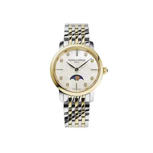 Montre CLASSICS Slimline Ladies Moonphase Bracelet acier et plaqué or jaune, Cadran nacre blanche index diamants - FREDERIQUE CONSTANT