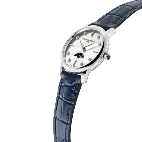 Montre CLASSICS Slimline Ladies Moonphase Bracelet veau bleu croco, Boucle ardillon, Cadran nacre blanche index diamants - FREDERIQUE CONSTANT