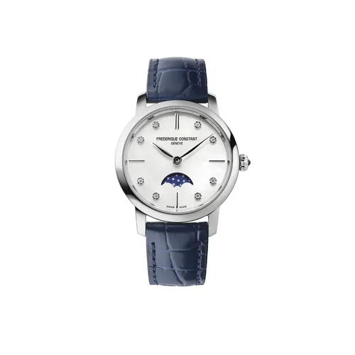 Montre CLASSICS Slimline Ladies Moonphase Bracelet veau bleu croco, Boucle ardillon, Cadran nacre blanche index diamants - FREDERIQUE CONSTANT