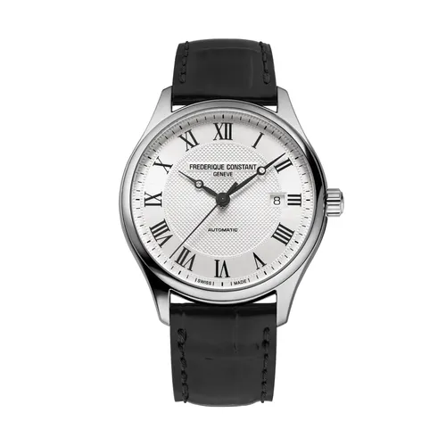 Montre CLASSICS Automatic Bracelet veau noir croco, Boucle ardillon, Cadran argenté guilloché chiffres romains - FREDERIQUE CONSTANT