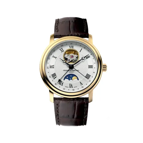 Montre CLASSICS Heart Beat Moonphase Date, Bracelet veau marron motif alligator, Boucle ardillon, Cadran argenté guilloché - FREDERIQUE CONSTANT