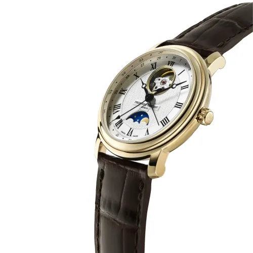 Montre CLASSICS Heart Beat Moonphase Date, Bracelet veau marron motif alligator, Boucle ardillon, Cadran argenté guilloché - FREDERIQUE CONSTANT