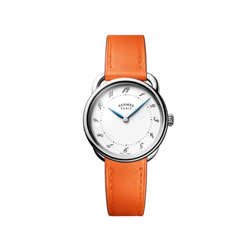 Montre ARCEAU Moyen Modèle, Bracelet veau Swift orange ST interchangeable, Boucle ardillon, Cadran laqué blanc - HERMÈS