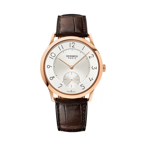 Montre SLIM D'HERMES GM Bracelet alligator havane mat, Boucle ardillon en or rose, Cadran argenté opalin - HERMÈS