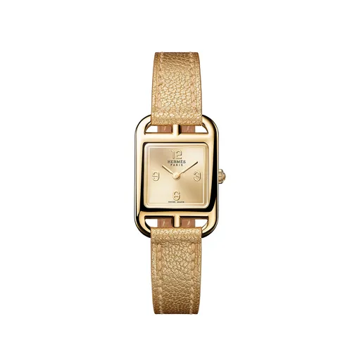 Montre CAPE COD Mini, Bracelet chèvre Chamkilight ST interchangeable, Boucle ardillon en or jaune, Cadran doré soleillé - HERMÈS