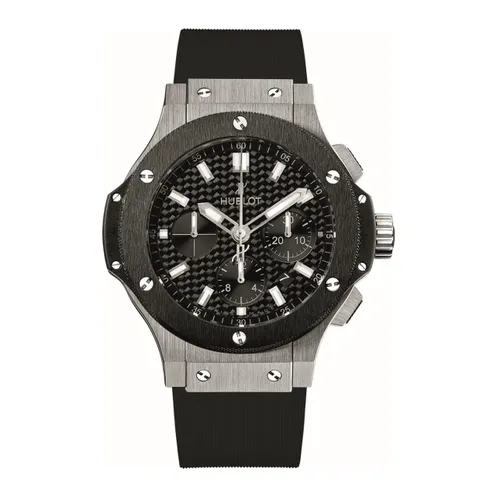 Montre BIG BANG STEEL CERAMIC Bracelet caoutchouc noir ligné, Boucle déployante, Cadran fibre de carbone - HUBLOT