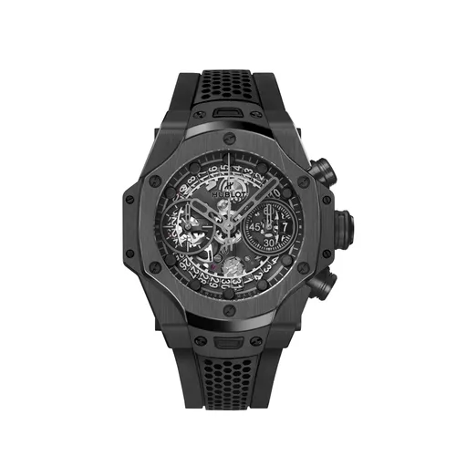 Montre BIG BANG UNICO SR_A BY SAMUEL ROSS ALL BLACK n°146/200, Bracelet caoutchouc structuré rayons de miel noir, Boucle déployante, Cadran squeletté noir mat - HUBLOT