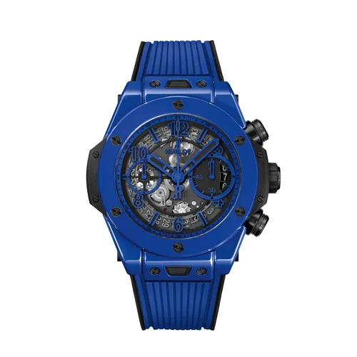 Montre BIG BANG UNICO BLUE MAGIC n°397/500 Bracelet caoutchouc structuré et ligné bleu, Boucle déployante céramique noire et titane plaqué noir, Cadran squeletté bleu mat - HUBLOT