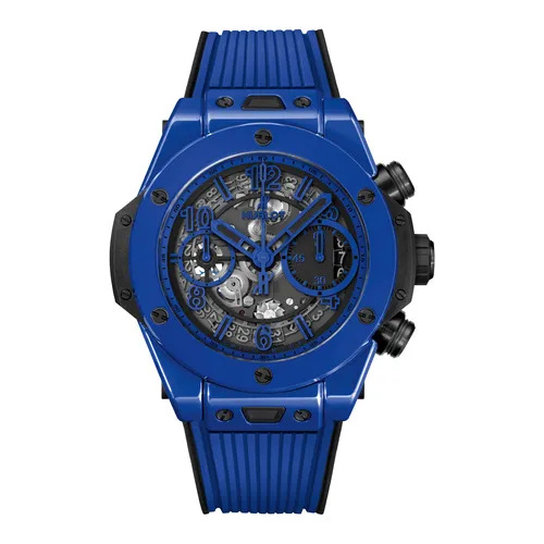 Montre BIG BANG UNICO BLUE MAGIC n°397/500 Bracelet caoutchouc structuré et ligné bleu, Boucle déployante céramique noire et titane plaqué noir, Cadran squeletté bleu mat - HUBLOT