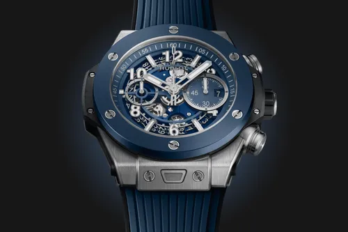 Montre BIG BANG UNICO TITANIUM BLUE CERAMIC Bracelet caoutchouc structuré noir et ligné bleu, Boucle déployante titane, Cadran squeletté bleu mat - HUBLOT
