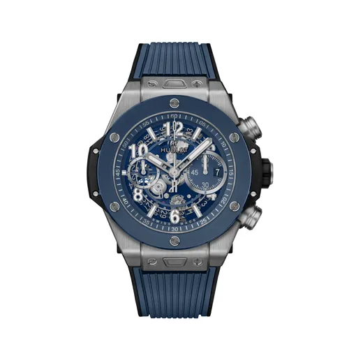 Montre BIG BANG UNICO TITANIUM BLUE CERAMIC Bracelet caoutchouc structuré noir et ligné bleu, Boucle déployante titane, Cadran squeletté bleu mat - HUBLOT