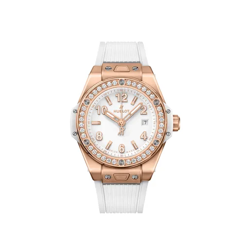 Montre BIG BANG ONE CLICK KING GOLD DIAMONDS Bracelet caotuchouc structuré et ligné blanc, Boucle déployante King Gold rose, Cadran blanc mat - HUBLOT