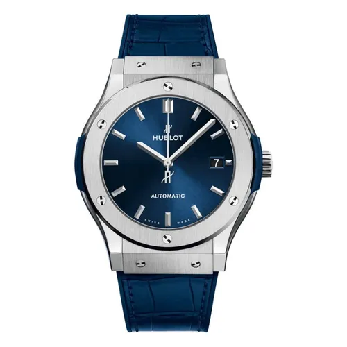 Montre CLASSIC FUSION TITANIUM Bracelet caoutchouc et alligator noir, Boucle déployante acier, Cadran bleu soleillé - HUBLOT