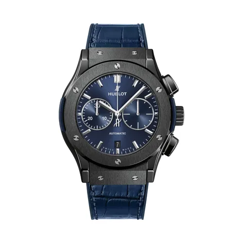 Montre CLASSIC FUSION CERAMIC BLUE CHRONOGRAPH Bracelet caoutchouc et alligator bleu, Boucle déployante acier plaqué noir, Cadran soleillé bleu satiné - HUBLOT
