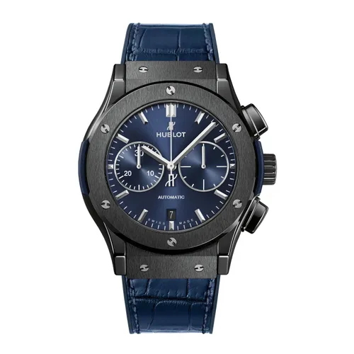 Montre CLASSIC FUSION CERAMIC BLUE CHRONOGRAPH Bracelet caoutchouc et alligator bleu, Boucle déployante acier plaqué noir, Cadran soleillé bleu satiné - HUBLOT