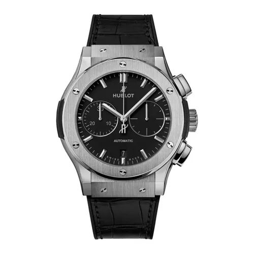 Montre CLASSIC FUSION CHRONOGRAPH TITANIUM Bracelet caoutchouc et alligator noir, Boucle déployante acier, Cadran noir mat - HUBLOT