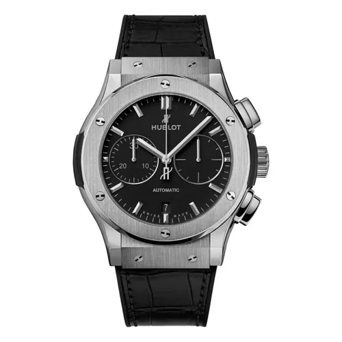 Montre CLASSIC FUSION CHRONOGRAPH TITANIUM Bracelet caoutchouc et alligator noir, Boucle déployante acier, Cadran noir mat - HUBLOT