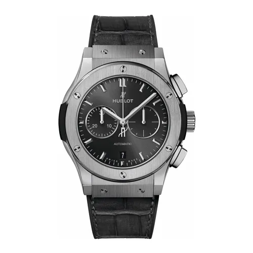 Montre CLASSIC FUSION RACING GREY CHRONOGRAPH TITANE Bracelet caoutchouc et alligator noir, boucle déployante acier, Cadran soleillé gris satiné - HUBLOT