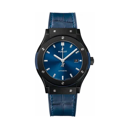 Montre CLASSIC FUSION CERAMIC BLUE Bracelet caoutchouc et alliagtor bleu, Boucle déployante acier plaqué noir, Cadran soleillé bleu satiné - HUBLOT