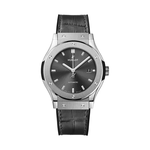 Montre CLASSIC FUSION RACING GREY TITANIUM Bracelet caoutchouc noir et alligator gris, Boucle déployante acier, Cadran soleillé gris satiné - HUBLOT