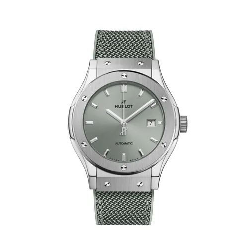 Montre CLASSIC FUSION TITANIUM SAGE GREEN, Bracelet caoutchouc et tissu vert sauge, Boucle déployante acier, Cadran soleillé vert sauge satiné - HUBLOT