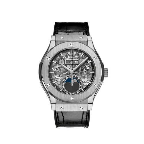 Montre CF AEROFUSION MOONPHASE TITANIUM Bracelet caoutchouc et alligator noir, Boucle déployante acier, Cadran en saphir - HUBLOT